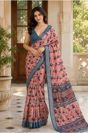 Linen Saree with Printed in Peach SR30183