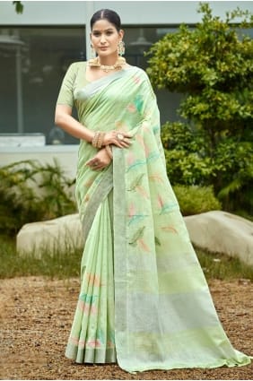 Embroidered Saree in Pista Linen SR29399