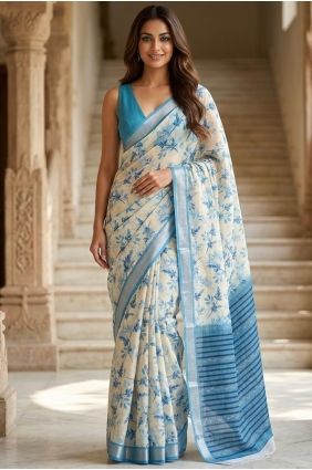 Linen Blue Saree in Printed SR30178