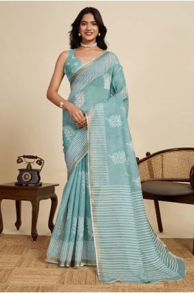 Sky blue Digital print Linen Saree SR28899