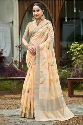 Linen Embroidered Peach Saree with Blouse SR29398