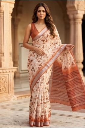 Rust Linen Saree with Printed SR30179