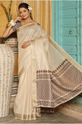 Weaving Linen Brown Saree with Blouse SR29211
