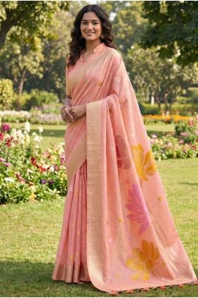 Weaving Linen Saree in Peach with Blouse SR29822