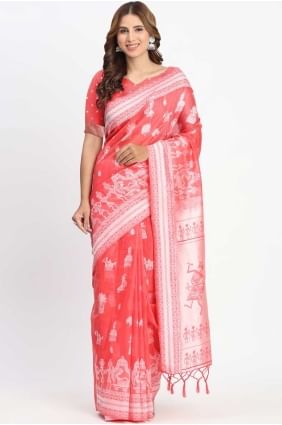 Linen Red Saree in Weaving SR28675