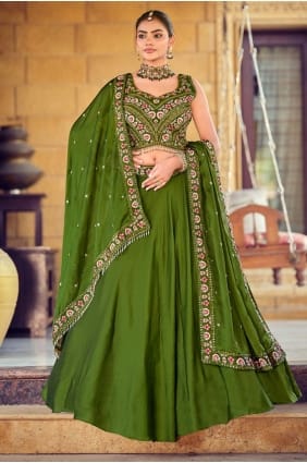 Embroidered Lehenga Choli in Mahendi Silk LC8821