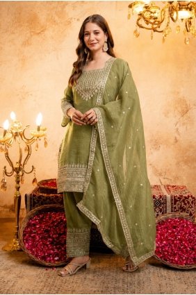 Georgette Embroidered Mahendi Patiala Suit with Dupatta SK159226
