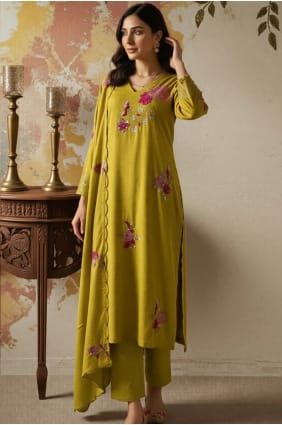 Embroidered Chanderi silk Eid Salwar Kameez in Mahendi SK156024