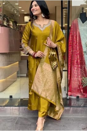 Embroidered Cotton Eid Salwar Kameez in Mahendi SK156012