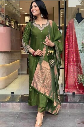 Cotton Eid Salwar Kameez in Mahendi with Embroidered SK156010
