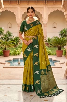 Embroidered Silk Saree in Mahendi SR30204