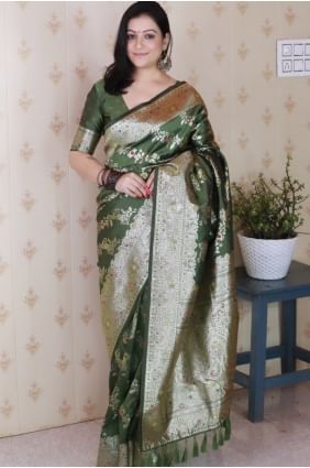 Saree in Mahendi Banarasi silk with Weaving SR28979
