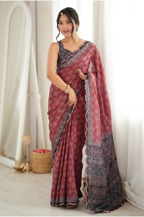 Mirror printed Saree in Maroon Chinon chiffon SR30274