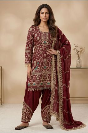 Maroon Embroidered Crepe Salwar Kameez SK159163