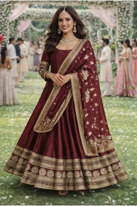 Gown Dress in Maroon Silk with Embroidered GW1223