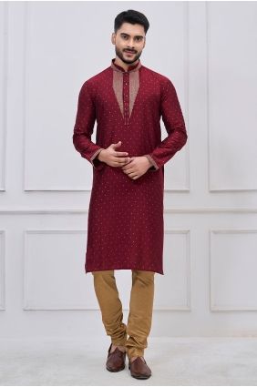 Silk Men Kurta with Embroidered in Maroon KURR256