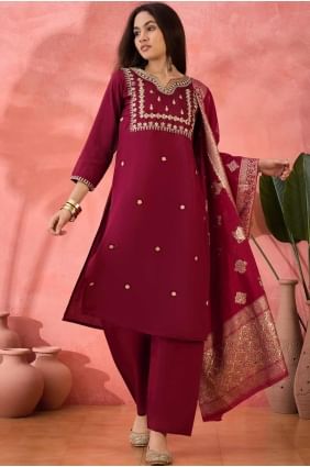 Maroon Embroidered Silk Straight Pant Suit SK155471