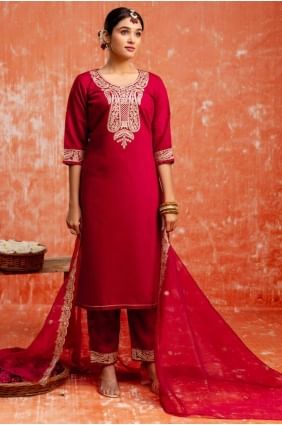 Maroon  Embroidered Straight Suit in Viscose SK155638
