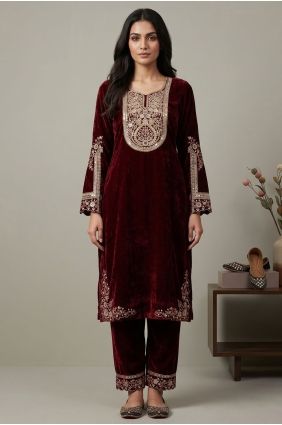 Embroidered Indo Western Kurti in Maroon Velvet SK159177