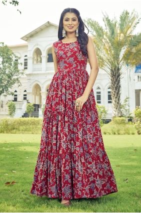 Rayon Printed Maroon Gown Dress with Dupatta GW1307