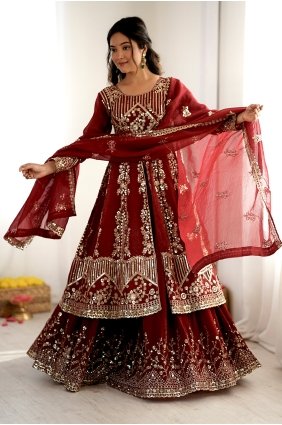 Silk Lehenga Choli in Maroon with Embroidered LC9258