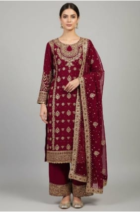 Maroon Faux georgette Sequins Eid Palazzo Suit with Dupatta PZ4297