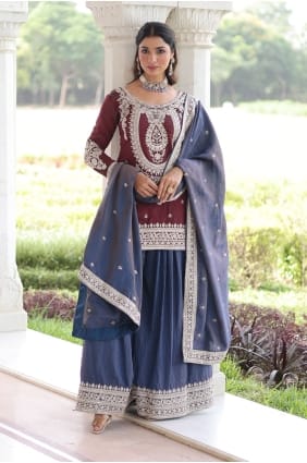 Silk Eid Palazzo Suit with Sequins in Maroon PZ4284