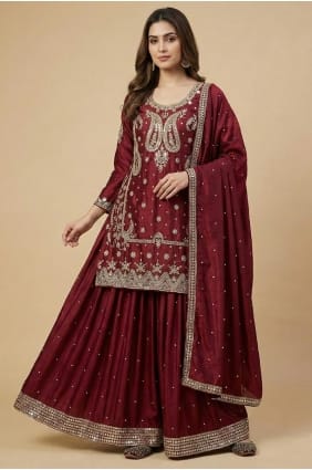 Sequins Silk Eid Palazzo Suit in Maroon with Dupatta PZ4279