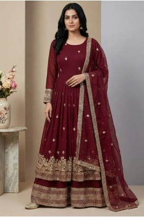 Silk Sequins Maroon Palazzo Suit with Dupatta PZ4346