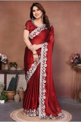 Embroidered Silk Saree in Maroon SR29574