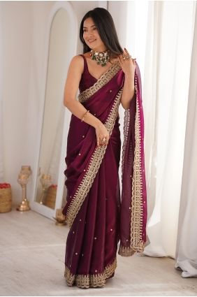 Saree in Maroon Satin with Sequins SR30165