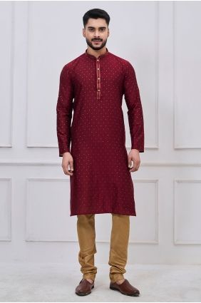Silk Men Kurta in Maroon with Embroidered KURR259