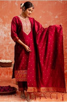 Maroon Straight Suit in Silk with Embroidered SK155639