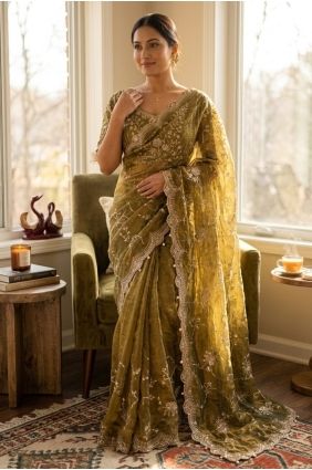 Chiffon Embroidered Mehendi green Party Wear Saree with Blouse SR30056