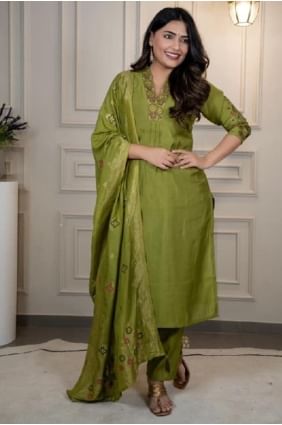 Silk Salwar Kameez in Mehendi green with Weaving SK155750