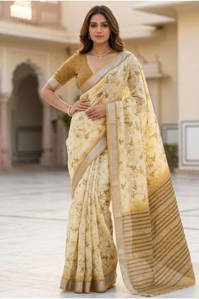Printed Saree in Mehendi Linen SR30181