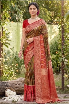 Silk Embroidered Mehendi Saree with Blouse SR29946