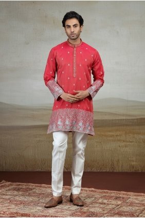 Art silk Dark shiny pink Men Kurta in Embroidered KURR634