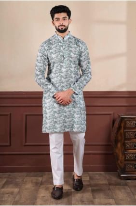Men Kurta in Forest green  Linen with Digital print KURR475