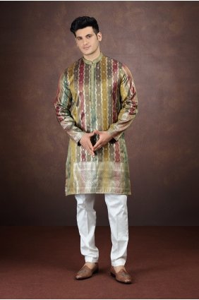 Multicolor Art silk Embroidered Men Kurta with Dupatta KURR641
