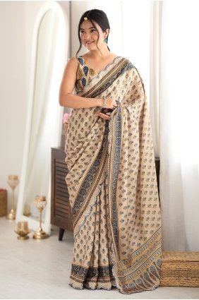 Chinon chiffon Saree in Beige with Mirror printed SR30270