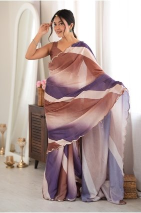 Chinon chiffon Saree with Mirror printed in Brown SR30263