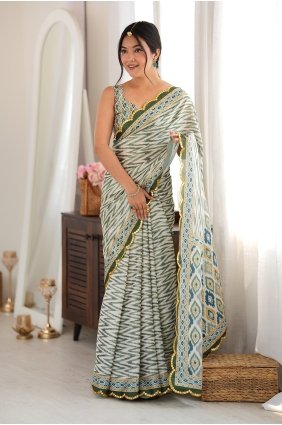Green Mirror printed Chinon chiffon Saree SR30269