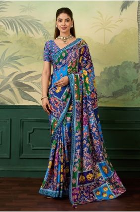 Blue Saree in Crepe with Mirror,printed SR30189