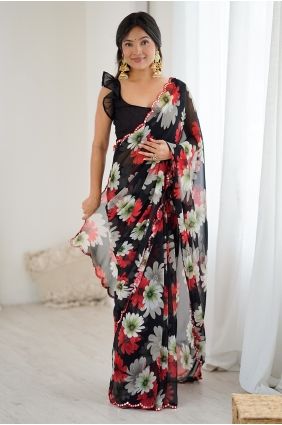Mirror,printed Georgette Black Saree with Blouse SR30067