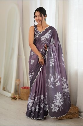 Mouve Saree with Mirror printed Chinon chiffon SR30286