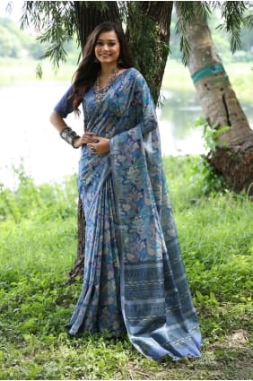 Tussar silk Printed Multicolor Saree with Blouse SR29337