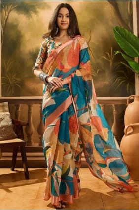 Multicolor Saree in Printed Linen SR29318