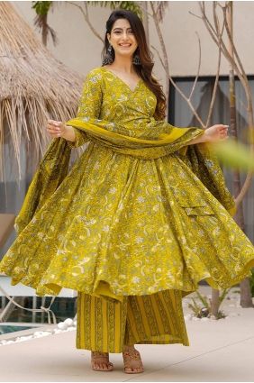 Olive Printed Muslin Anarkali Suit AS4314