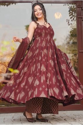 Printed Muslin Palazzo Suit in Brown with Dupatta PZ4448